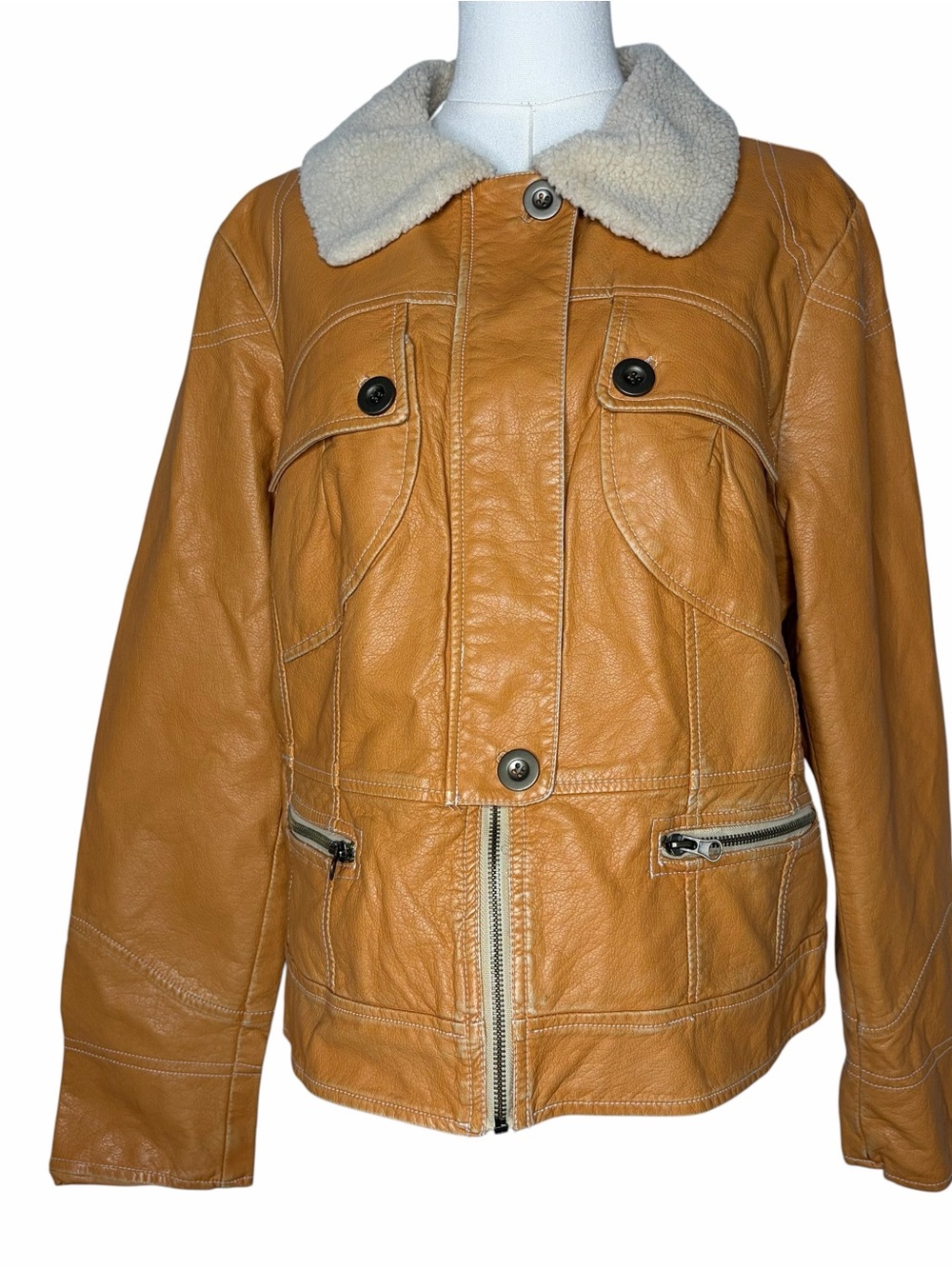 VTG Y2K Rampage Faux Leather Sherpa Collar Brown Leather Jacket Size XL Boho Ret